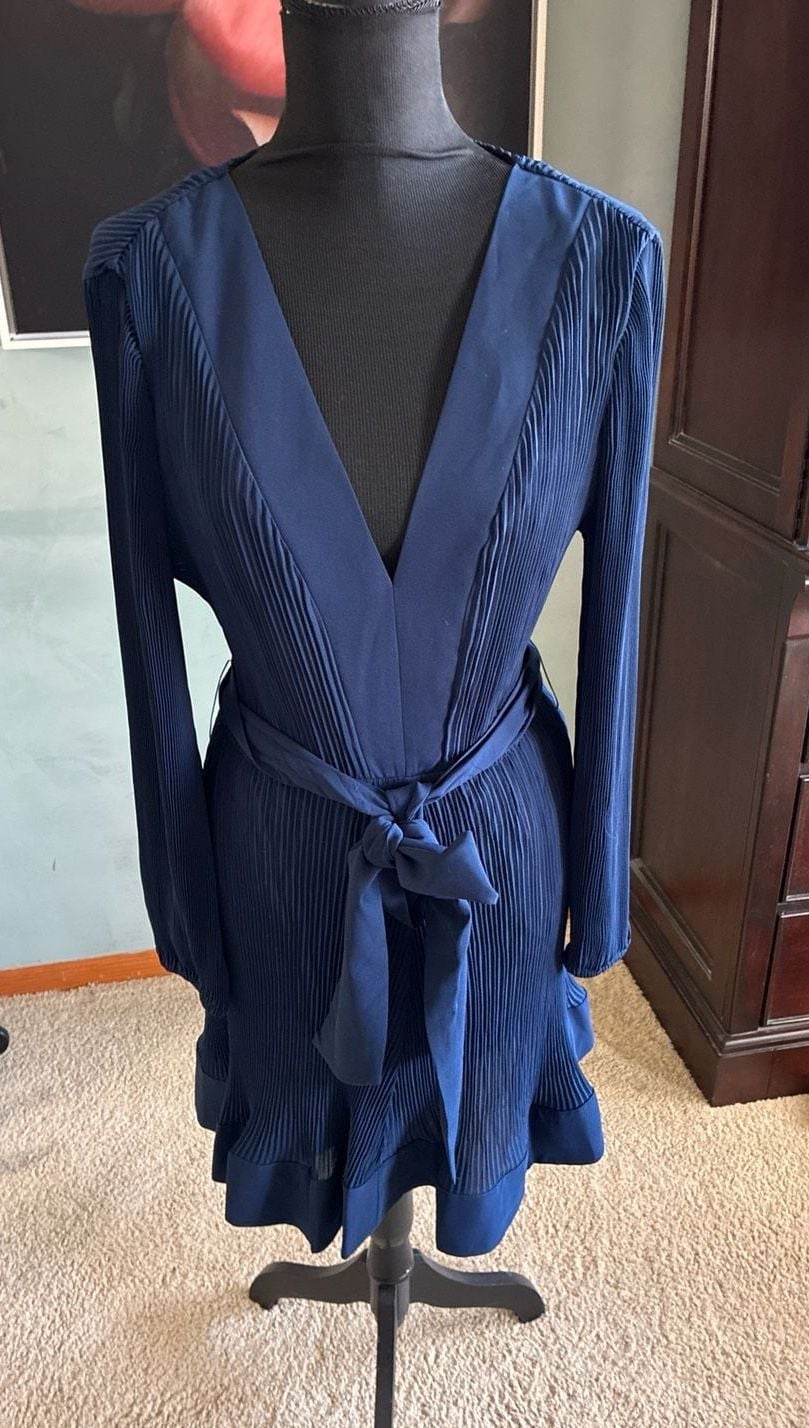 Nwt Milly Liv Navy Pleated Long Sleeve Belted V-Neck Mini Sz 12 A434